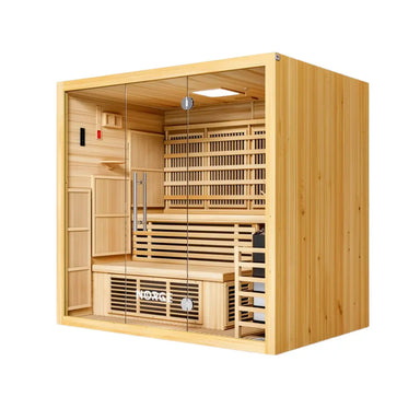 Angled view of a 4-person indoor hybrid sauna with wooden exterior