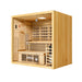 Angled view of a 4-person indoor hybrid sauna with wooden exterior