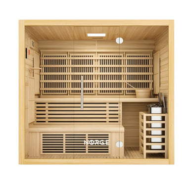 Front view of a 4-person indoor hybrid sauna with glass door and timber exterior