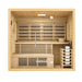 Front view of a 4-person indoor hybrid sauna with glass door and timber exterior