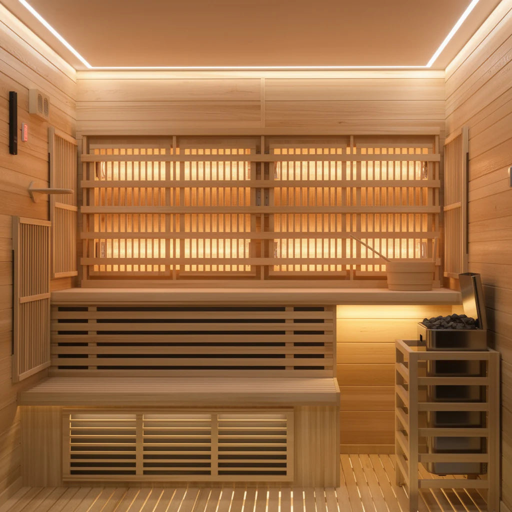 Interior view of a 4-person indoor hybrid sauna with seating, infrared panels, and traditional heater