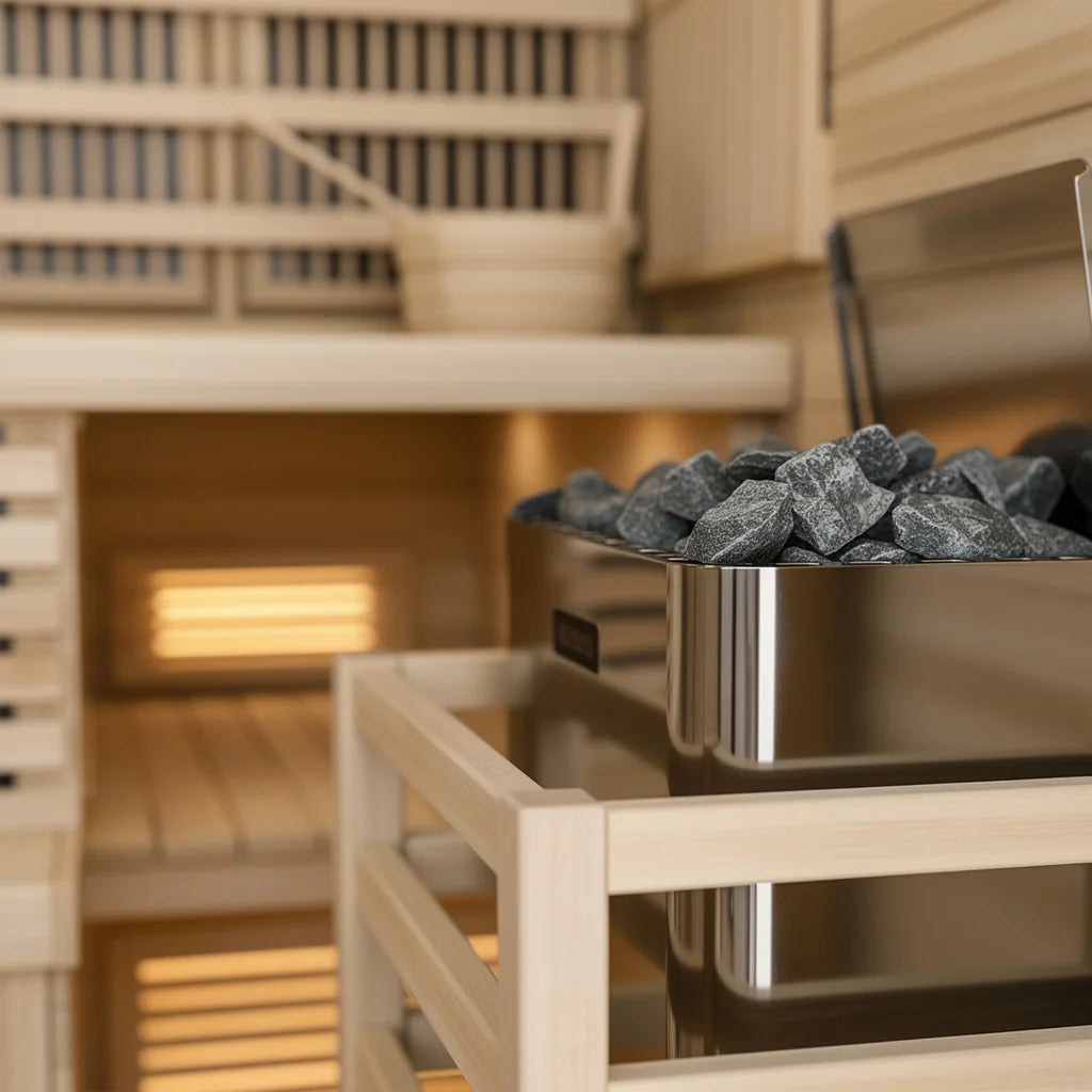 Close-up of traditional sauna heater with stones inside a 4-person indoor hybrid sauna