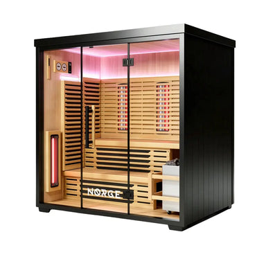 Angled view of a 4-person outdoor hybrid sauna with black coated exterior and glass door