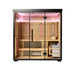 Front view of a 4-person outdoor hybrid sauna with glass door and black coated exterior