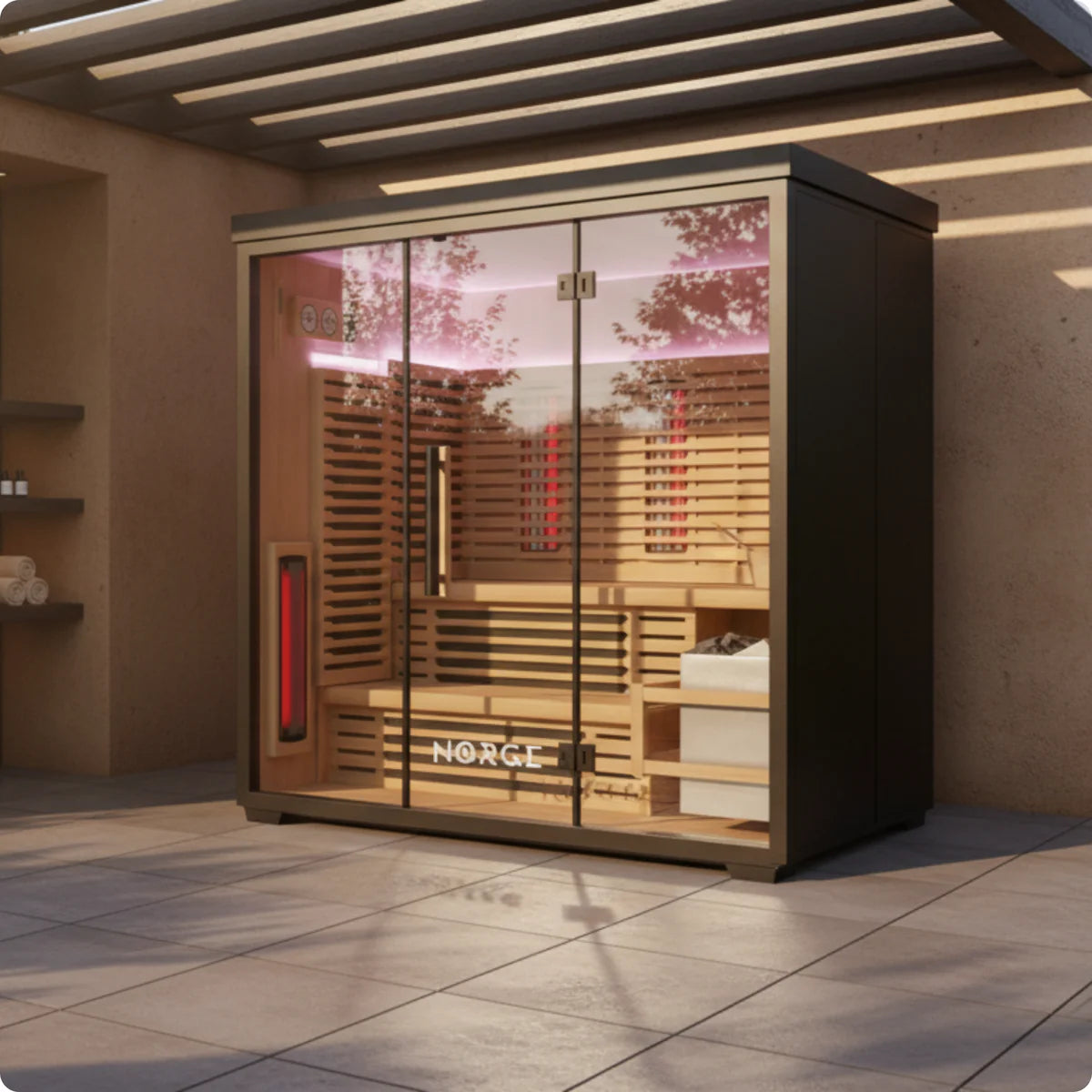A 4-person outdoor hybrid sauna in a lifestyle setting