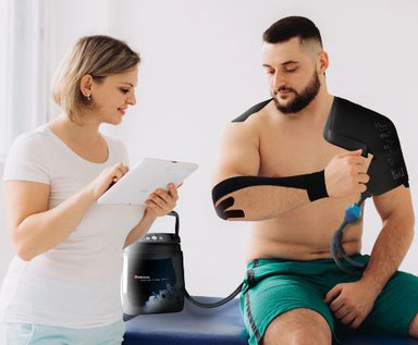 Patient using Polar Care Wave knee wrap for post-surgical cold and compression therapy